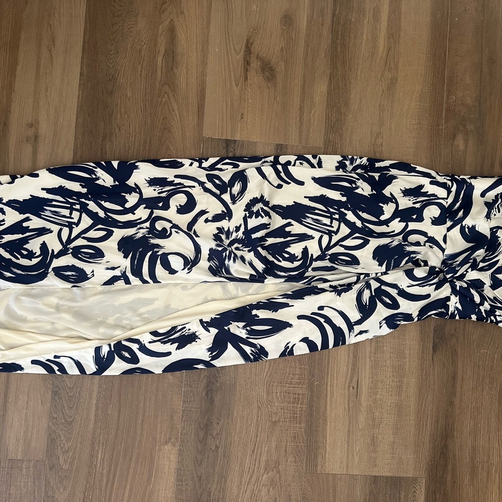 Luxxel Blue and White Strapless Maxi Dress with Slit
